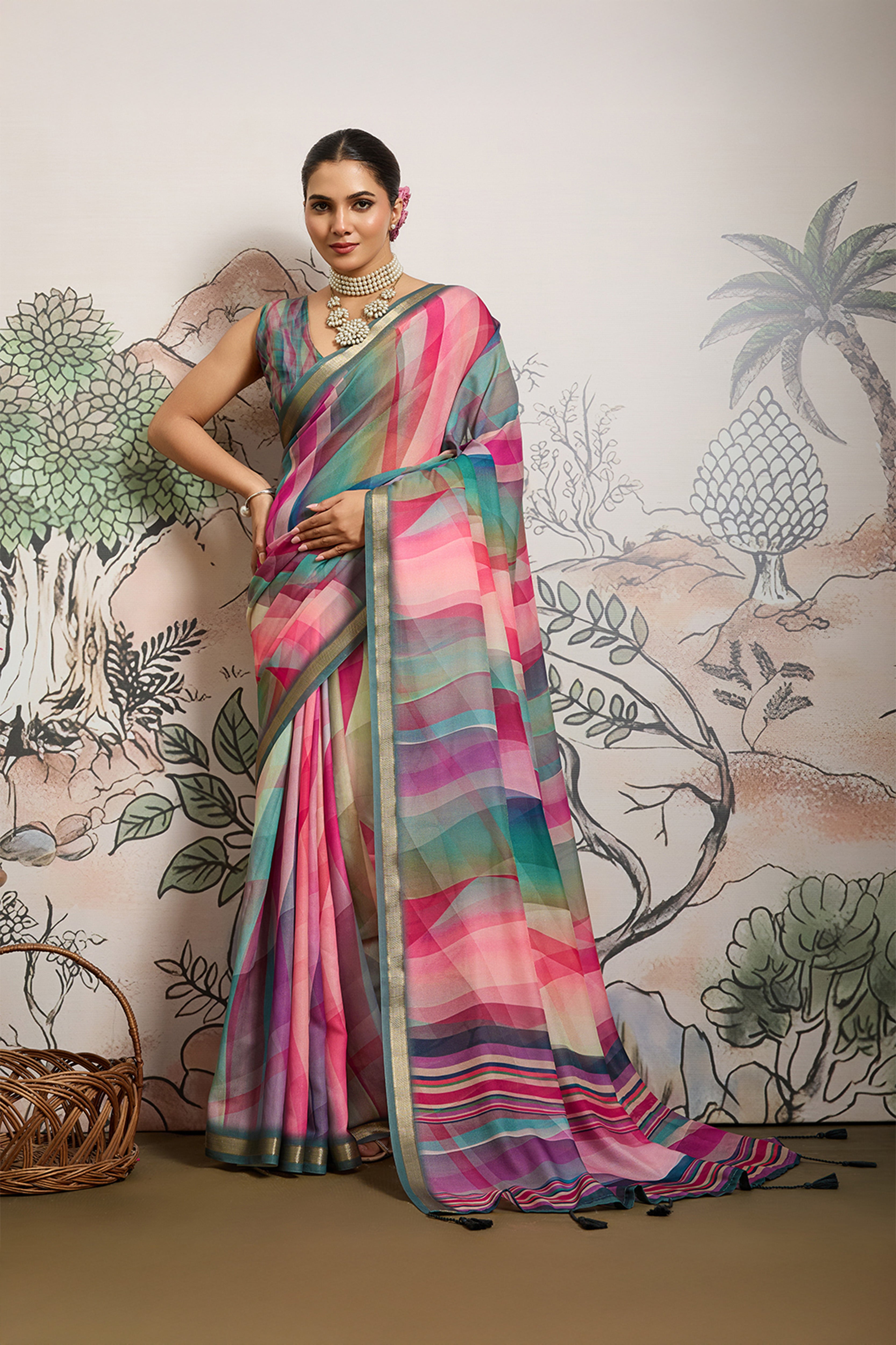 Multi-Colour Moss Zari Printed Saree with Casab Zari Border
