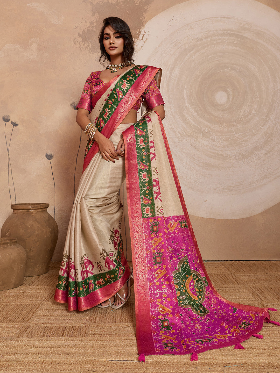 Beige Kanjivaram Figure Printed Saree