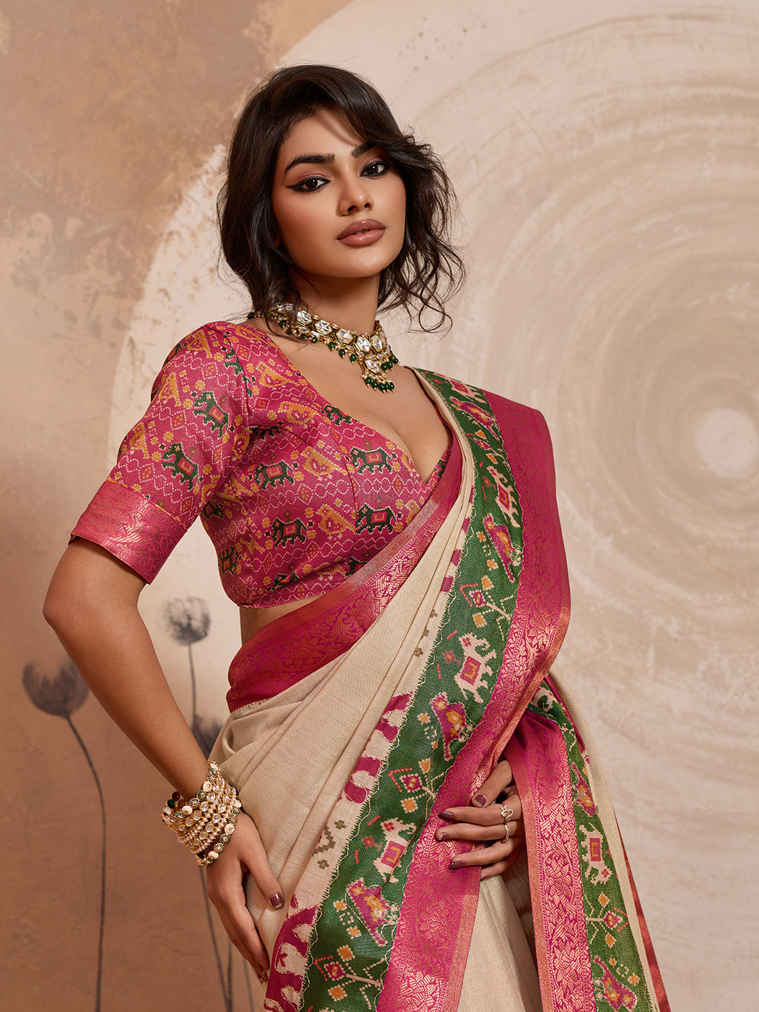 Beige Kanjivaram Figure Printed Saree