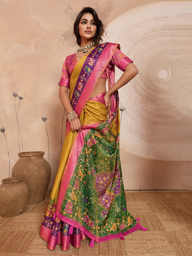Mustard Kanjivaram Figure Printed Saree sedora couture