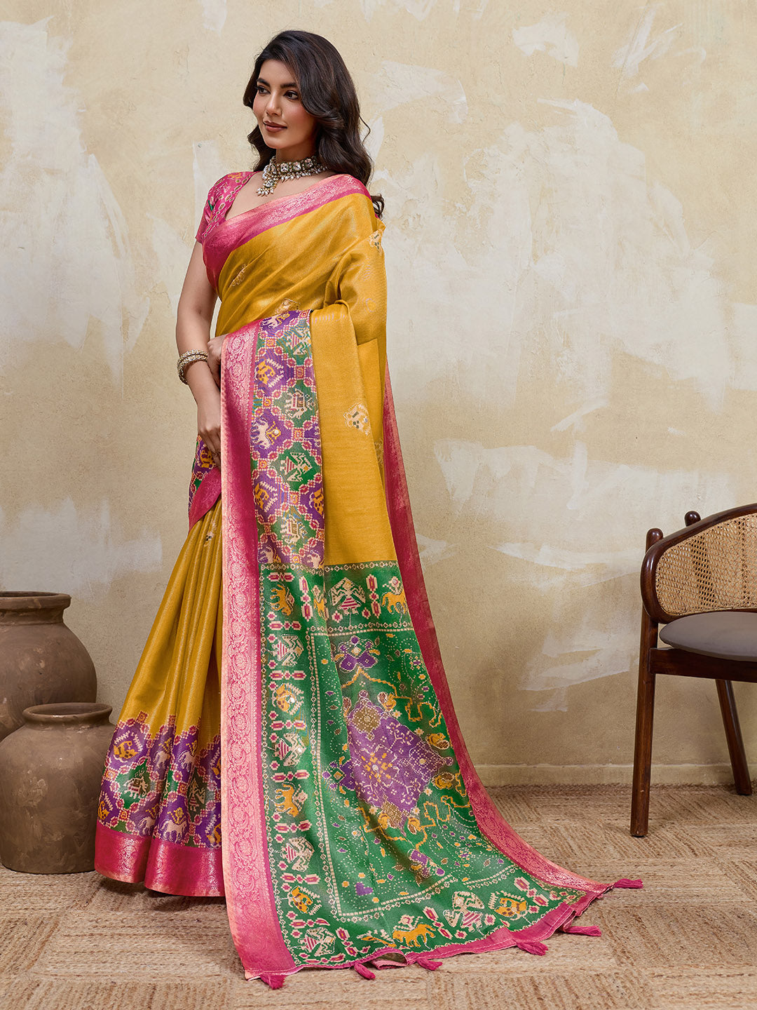 Mustard Kanjivaram Figure Printed Saree
