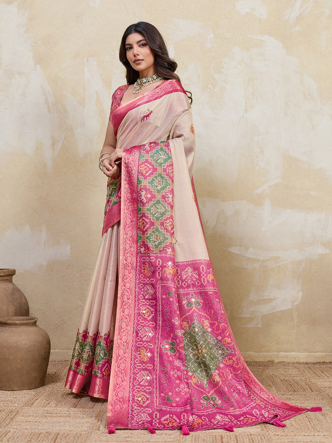 Beige Kanjivaram Figure Printed Saree