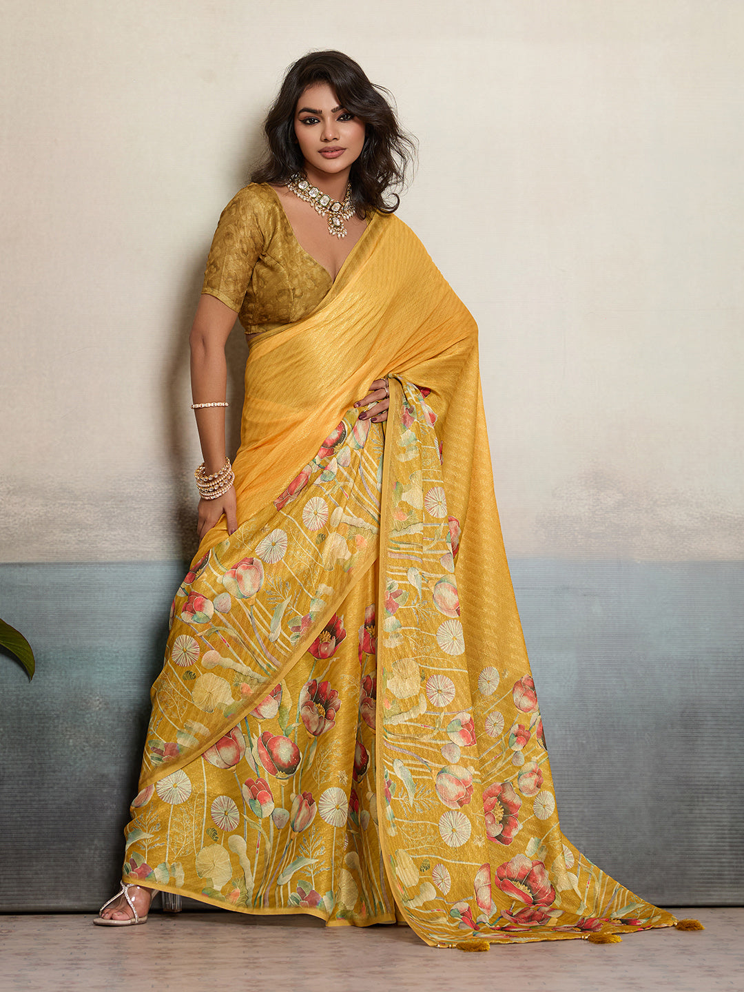 Yellow Moss Floral Printed Saree