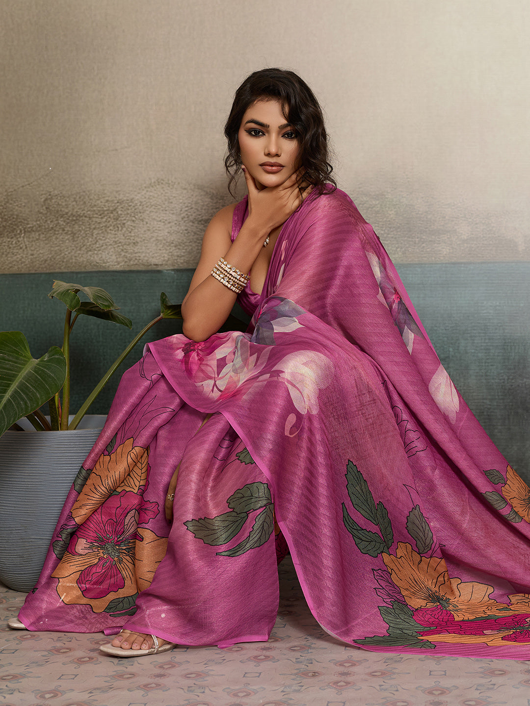 Pink Moss Floral Printed Saree sedora couture