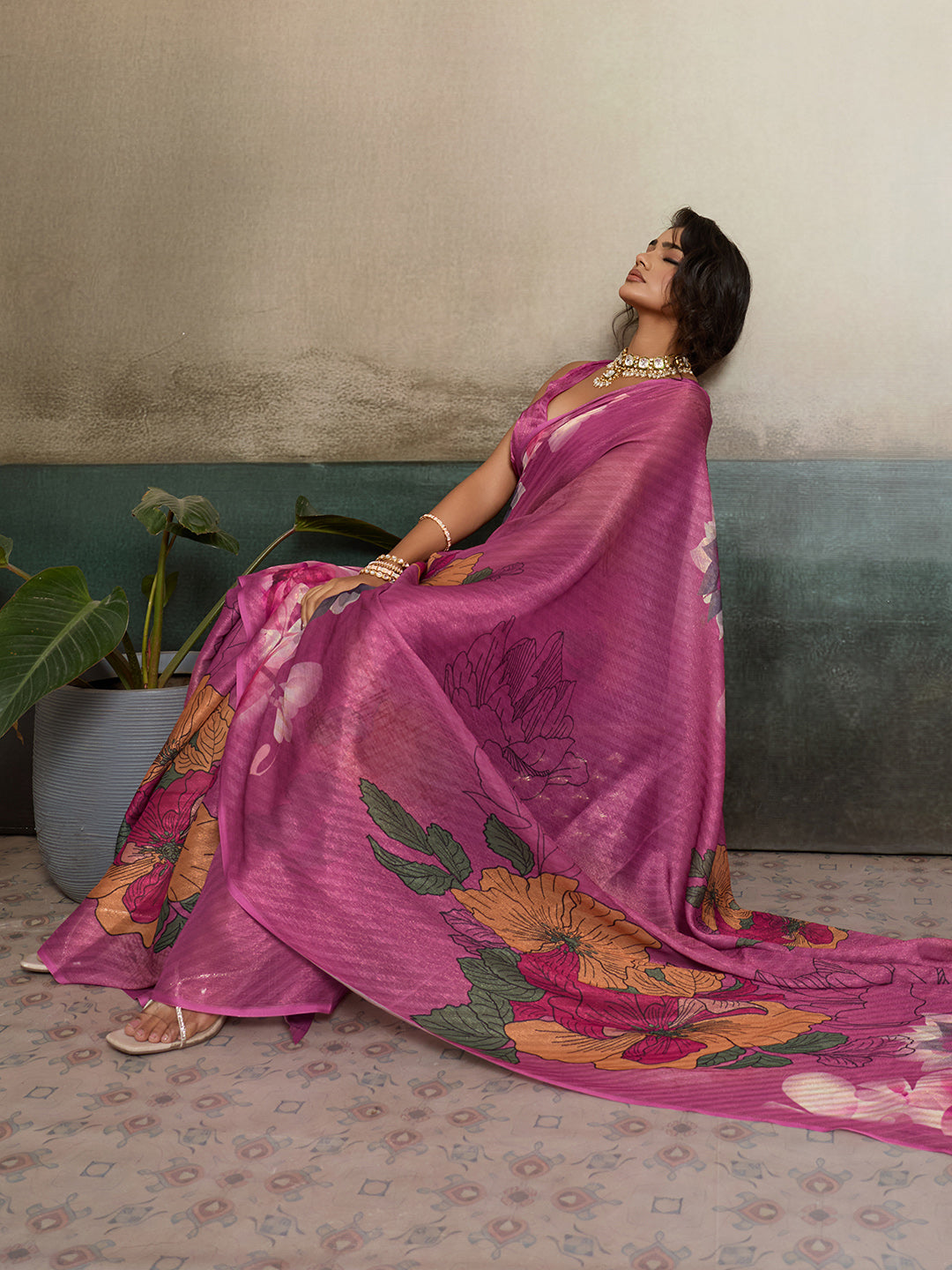 Pink Moss Floral Printed Saree