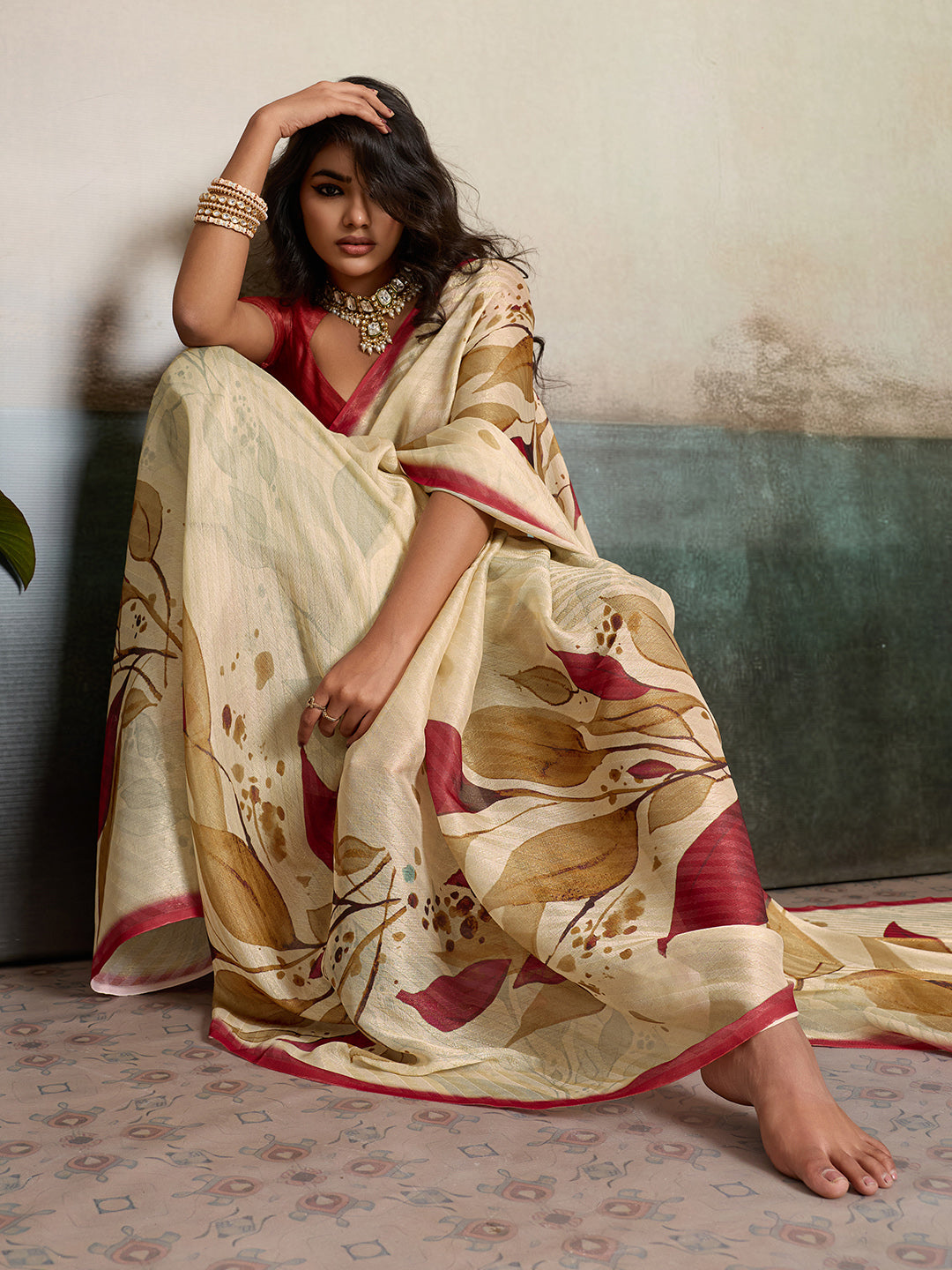 Beige Moss Floral Printed Saree