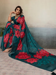 Blue Moss Floral Printed Saree