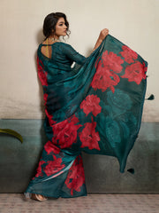 Blue Moss Floral Printed Saree