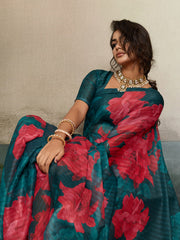Blue Moss Floral Printed Saree