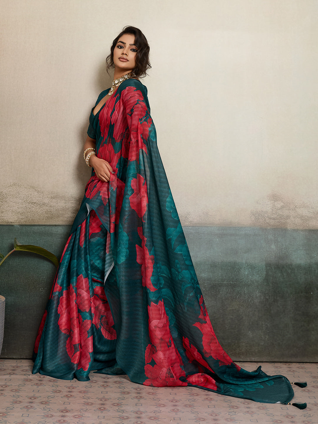 Blue Moss Floral Printed Saree