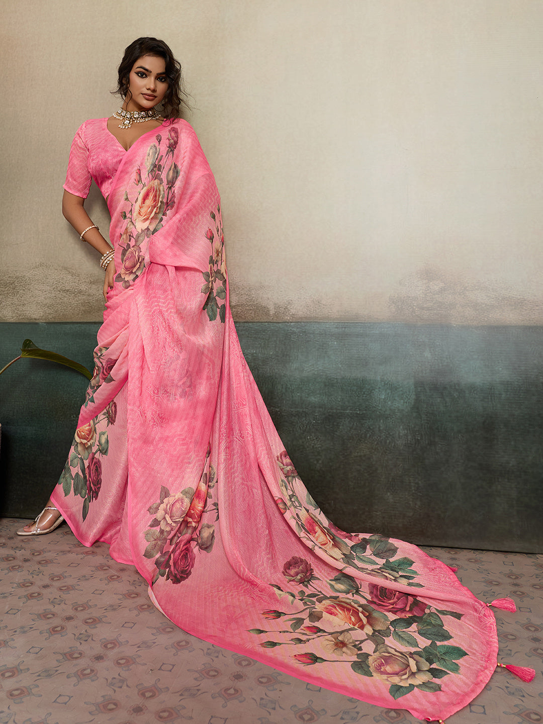 Pink Moss Floral Printed Saree