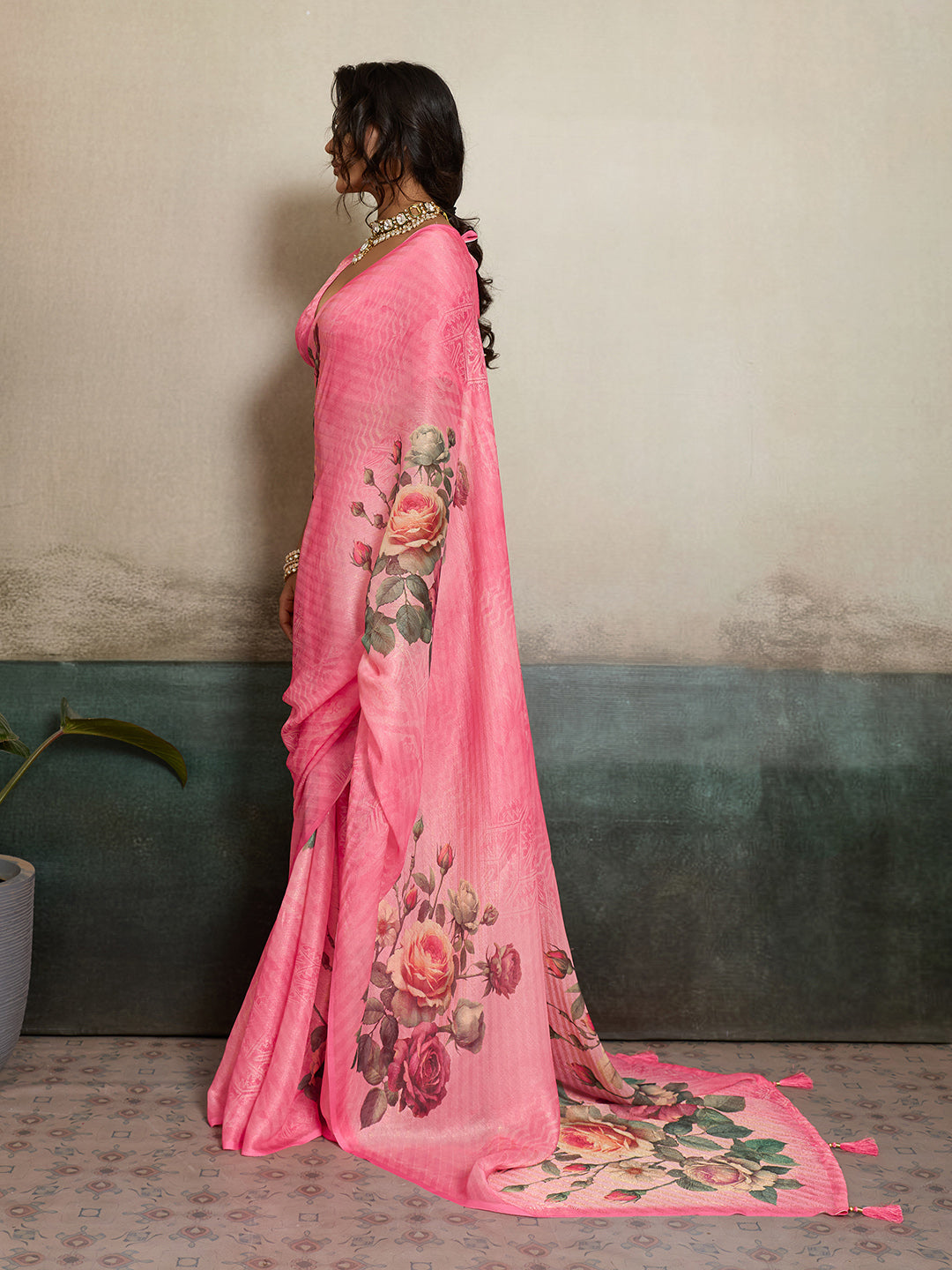 Pink Moss Floral Printed Saree sedora couture