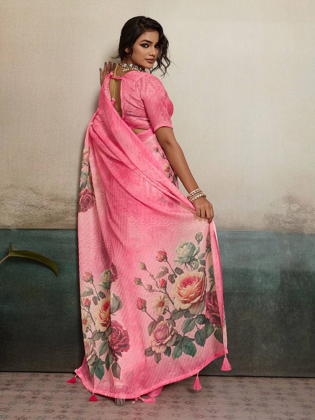 Pink Moss Floral Printed Saree sedora couture