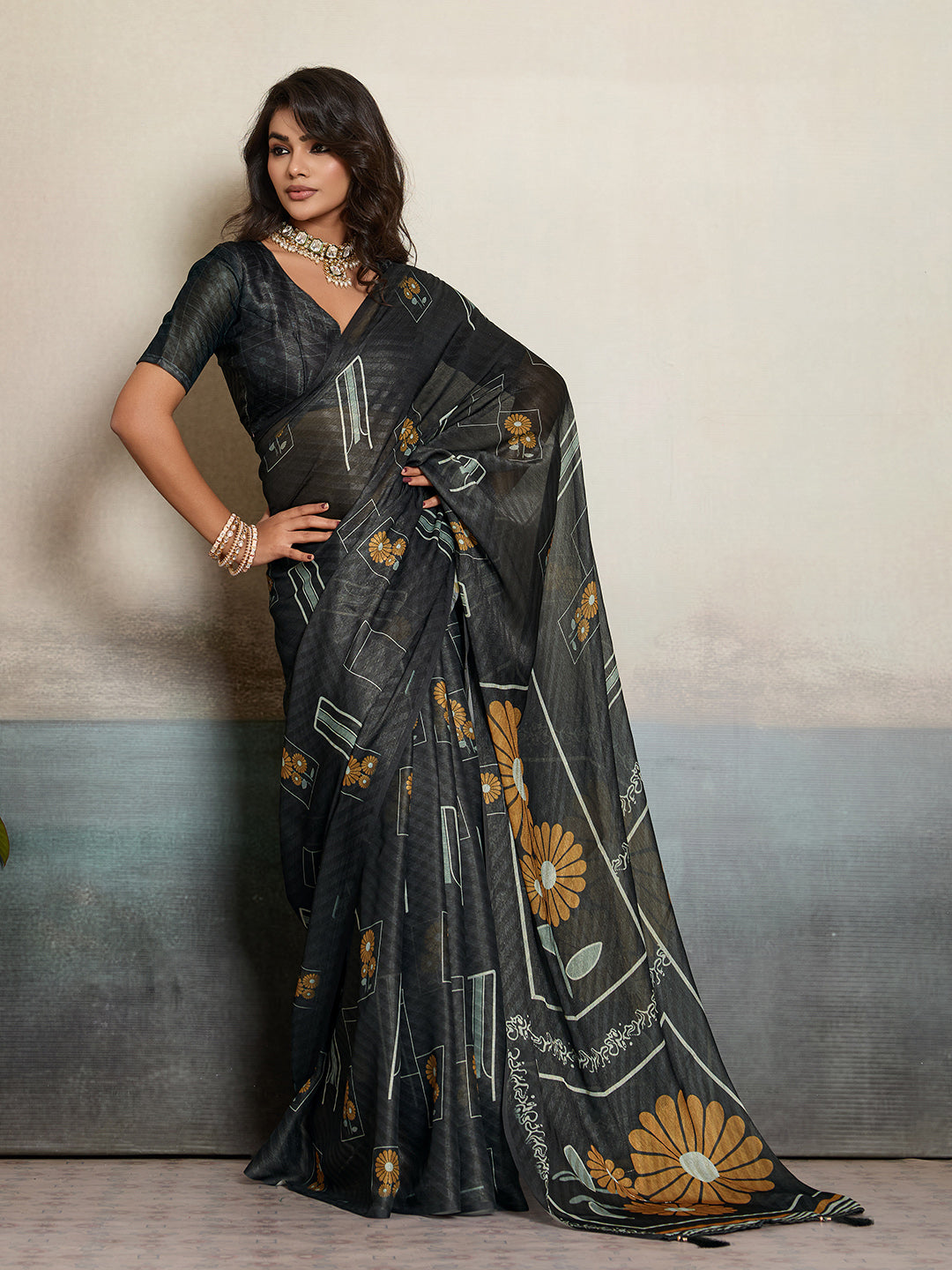 Black Moss Floral Printed Saree