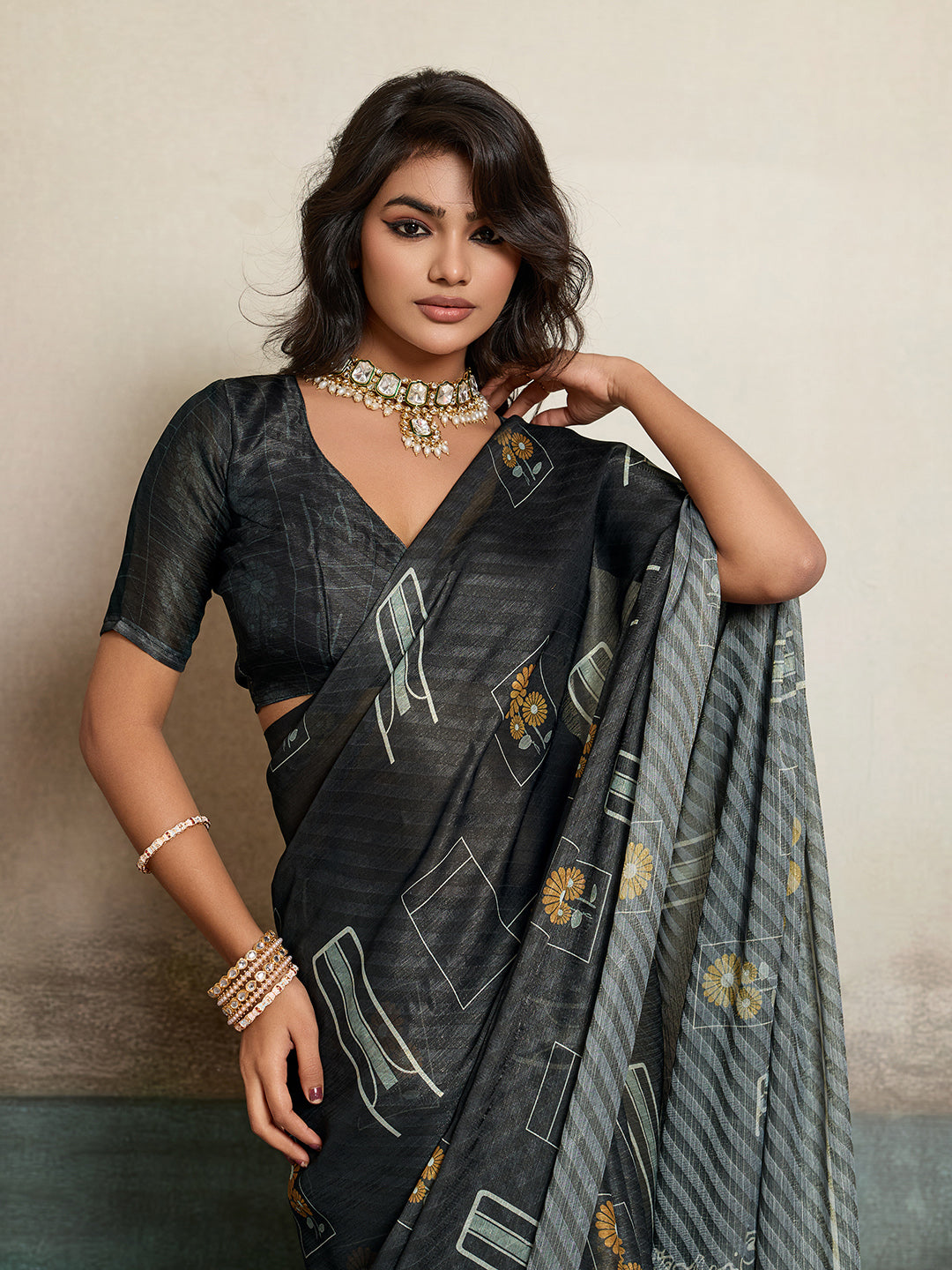 Black Moss Floral Printed Saree