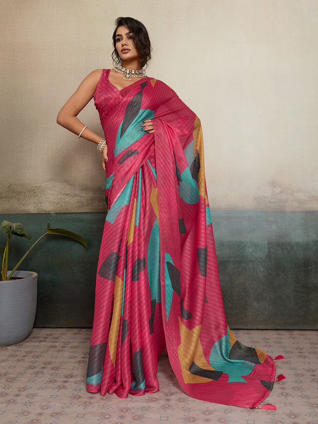 Pink Moss Floral Printed Saree