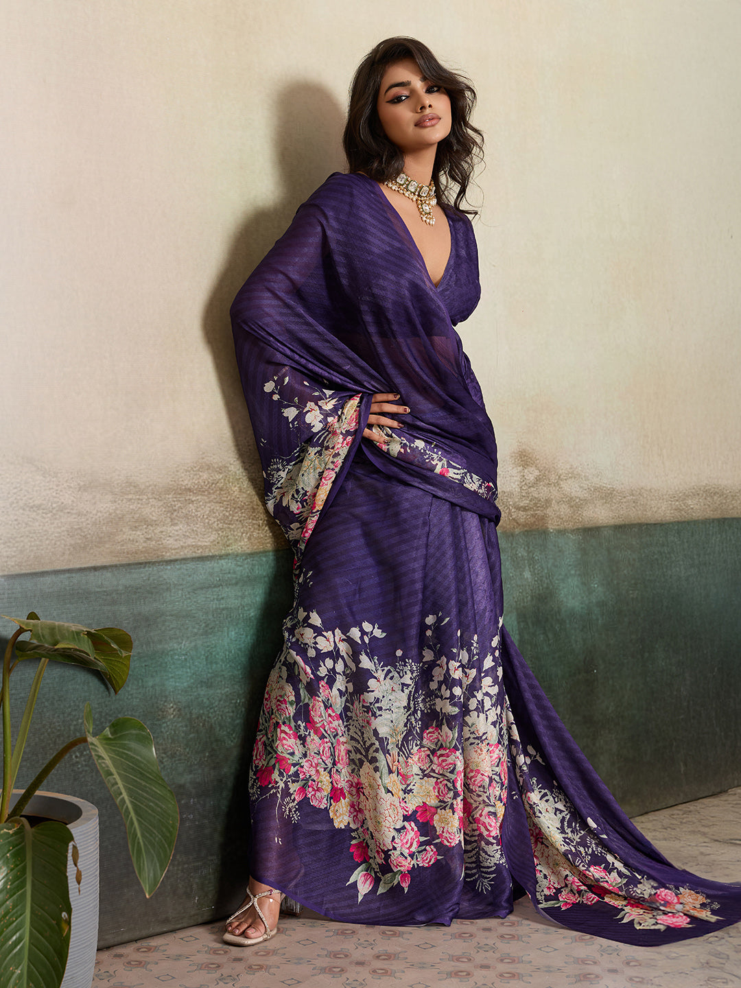 Purple Moss Floral Printed Saree