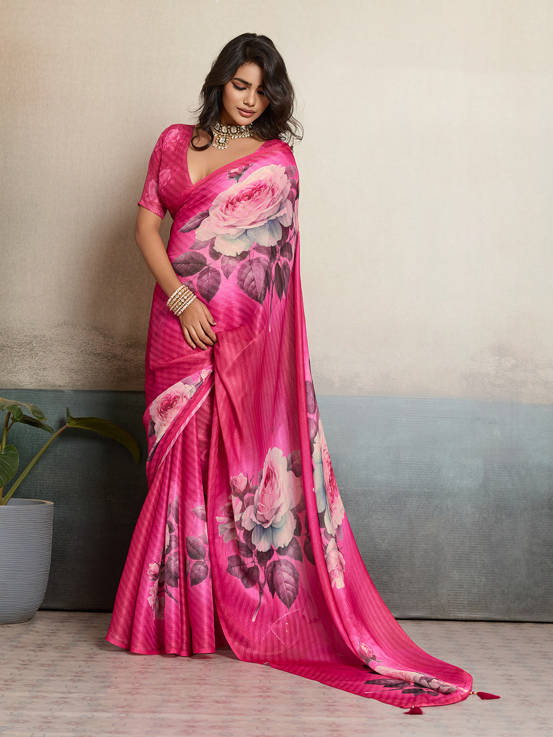 Pink Moss Floral Printed Saree sedora couture
