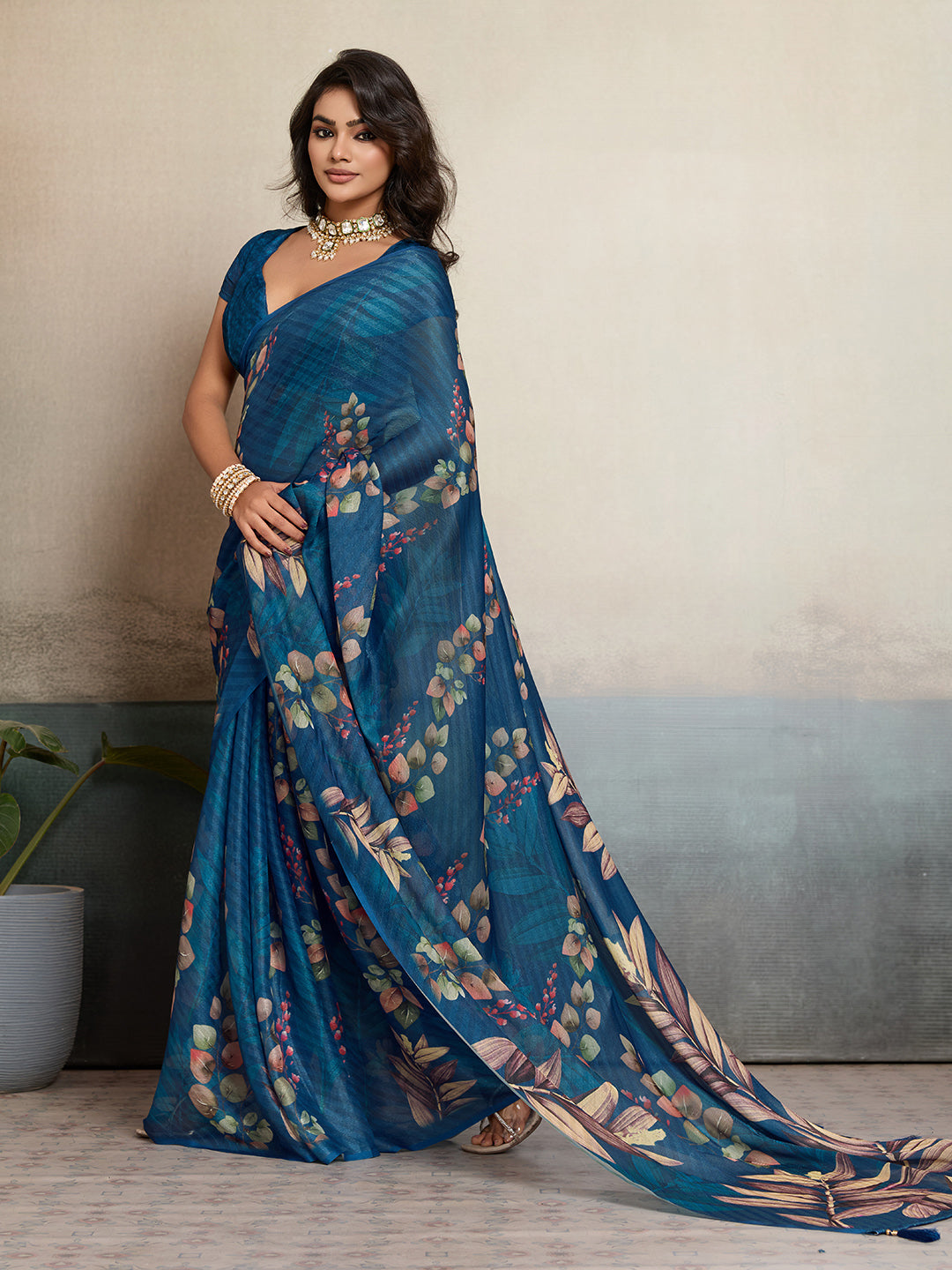 Blue Moss Floral Printed Saree