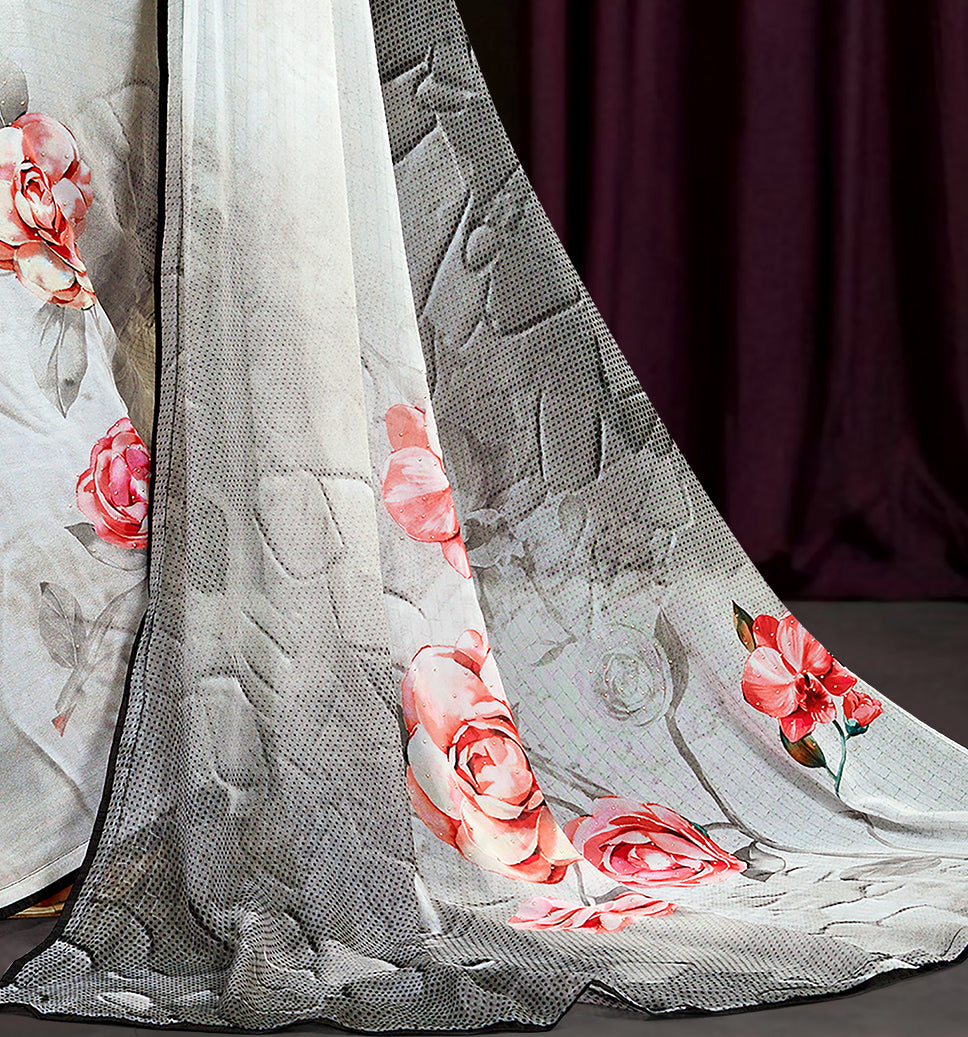 Grey Georgette Floral Printed Saree
