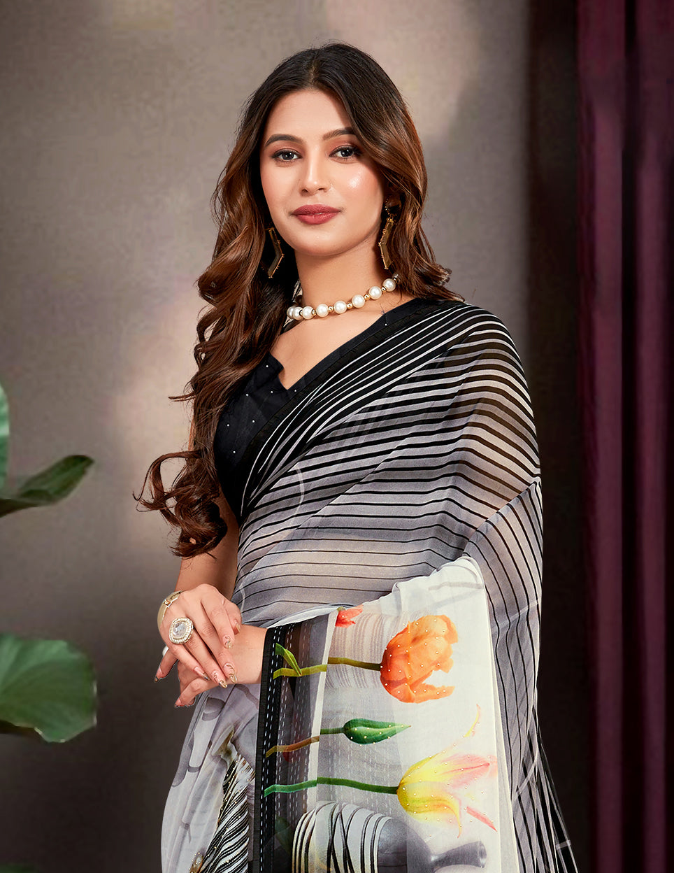Grey Georgette Floral Printed Saree