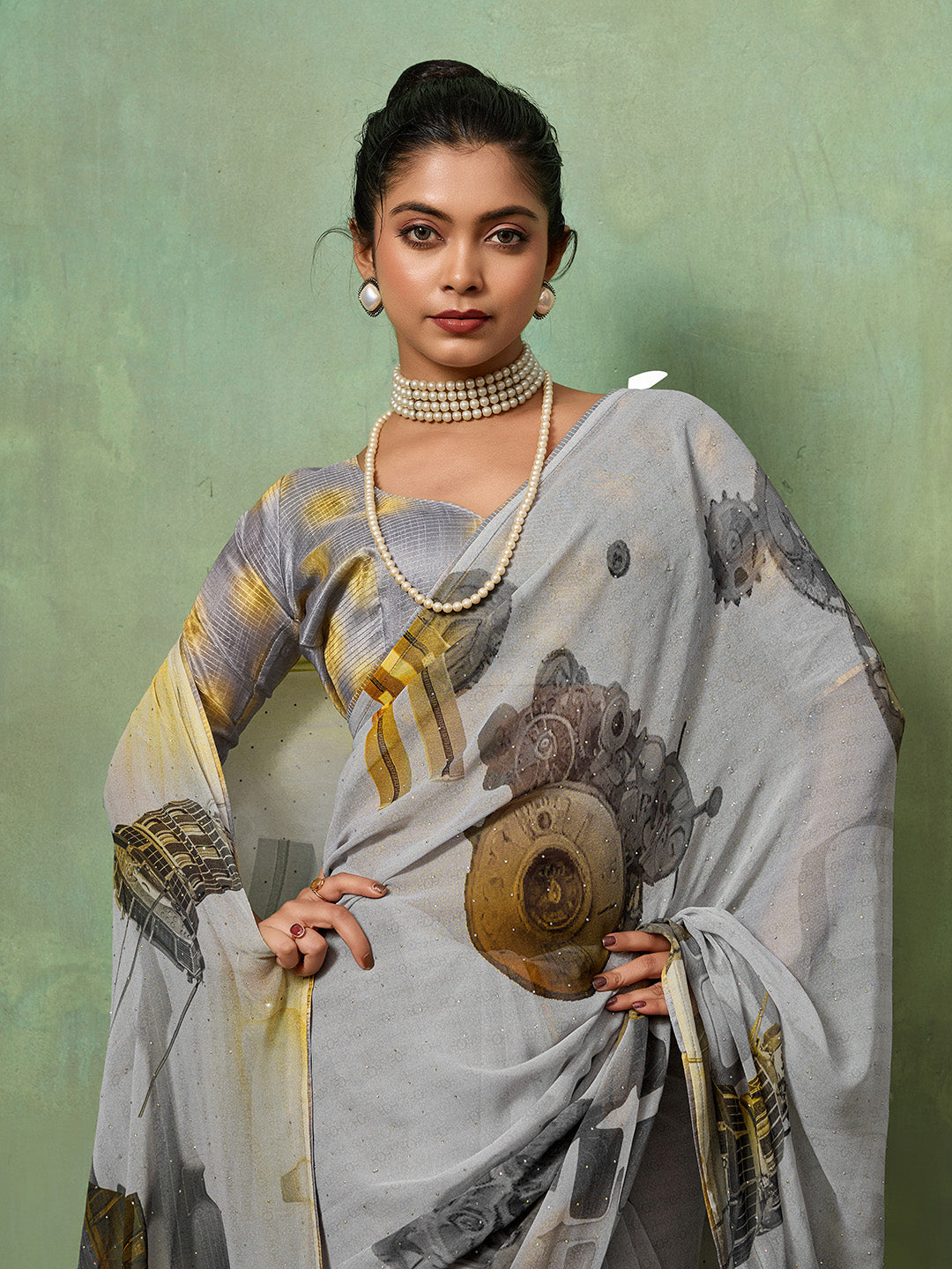 Grey Georgette Abstract Printed Saree