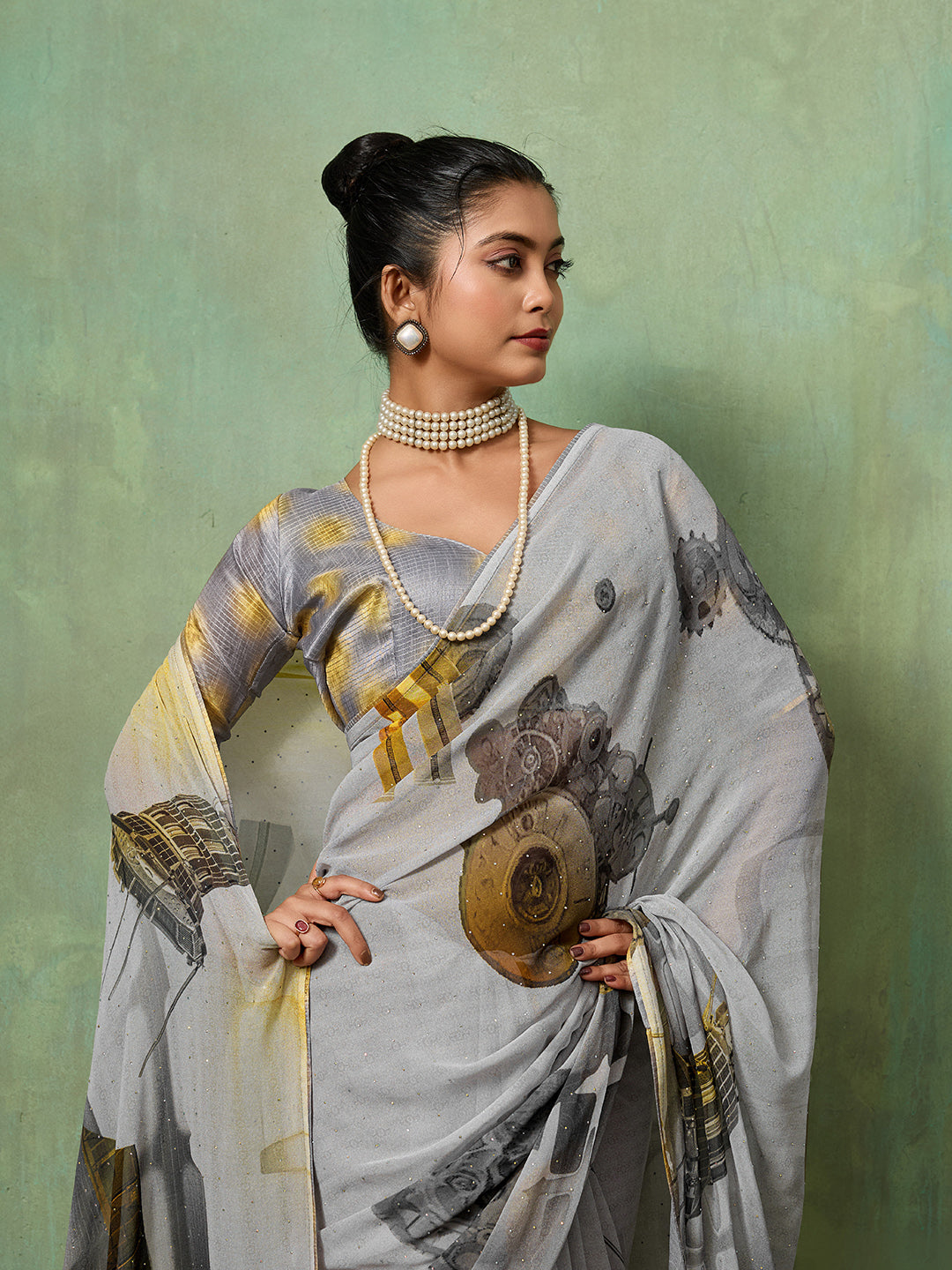 Grey Georgette Abstract Printed Saree