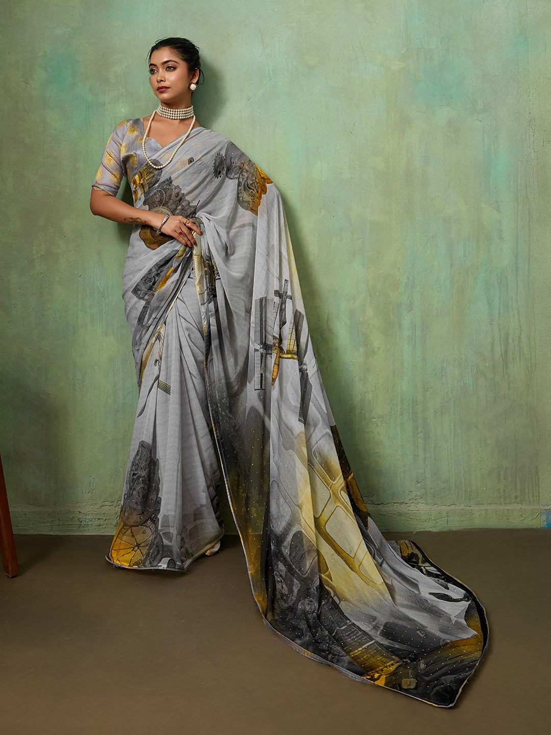 Grey Georgette Abstract Printed Saree