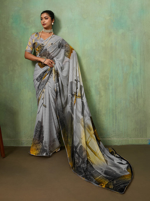 Grey Georgette Abstract Printed Saree sedora couture