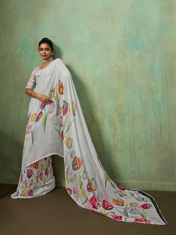 White Georgette Floral Printed Saree sedora couture
