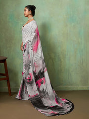 Grey Georgette Abstract Printed Saree