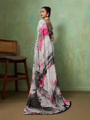Grey Georgette Abstract Printed Saree