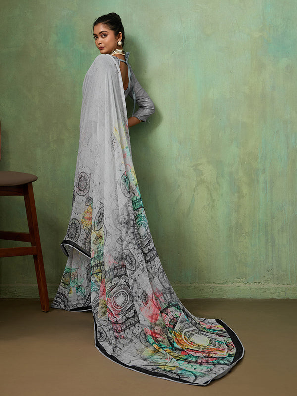 Grey Georgette Geometrical Printed Saree sedora couture