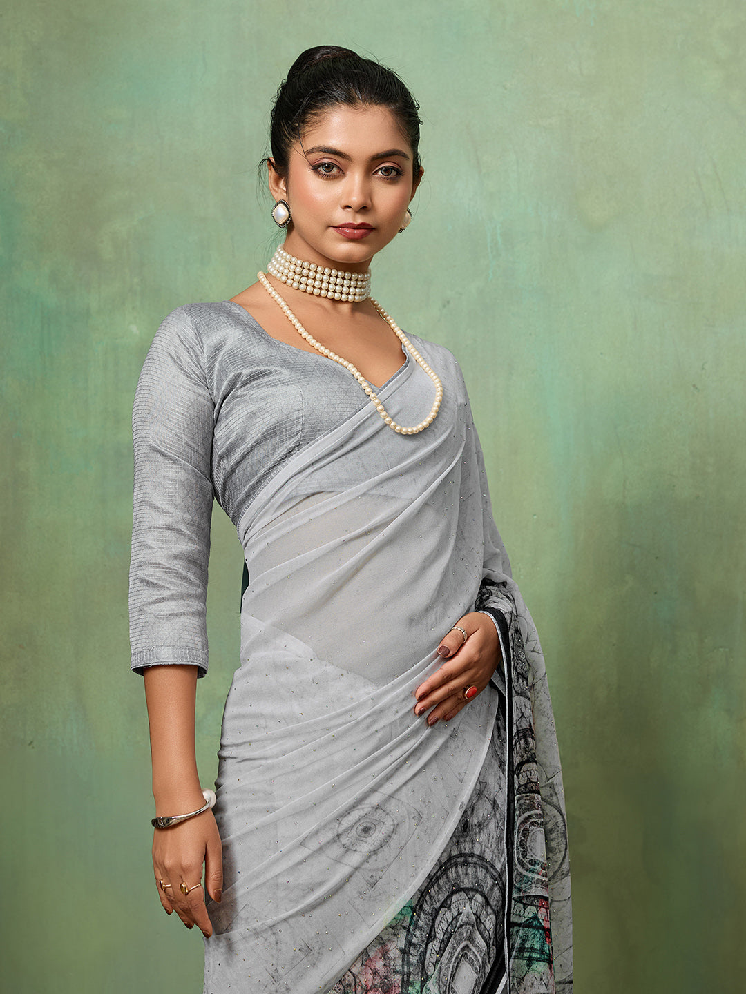 Grey Georgette Geometrical Printed Saree