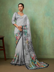 Grey Georgette Geometrical Printed Saree