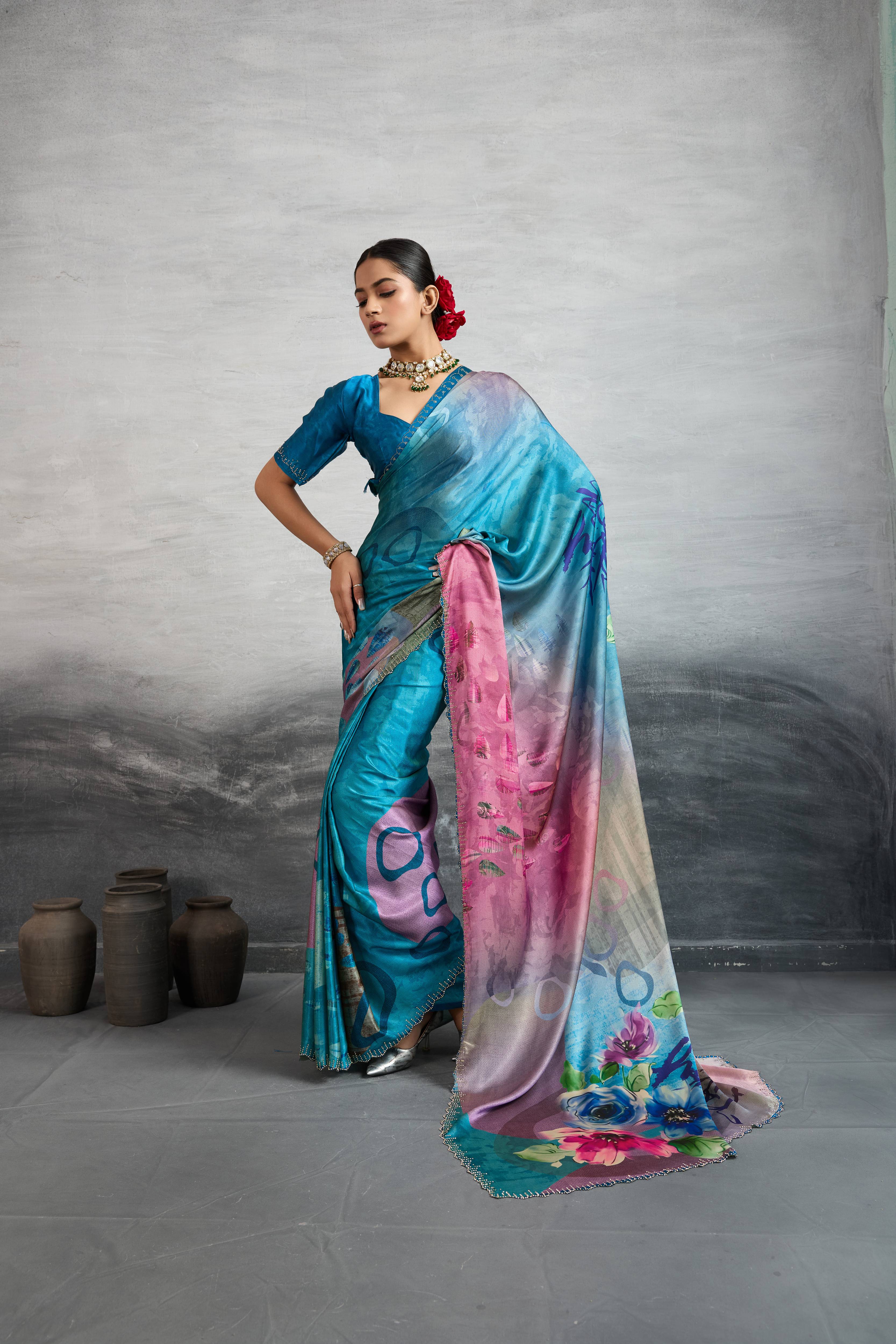 Chic Blue Satin Silk Saree with Digital Print