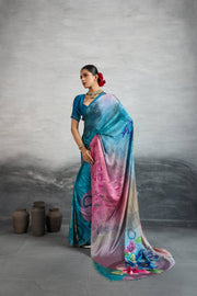 Chic Blue Satin Silk Saree with Digital Print