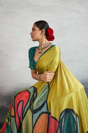 Graceful Yellow Satin Silk Saree with Digital Prints