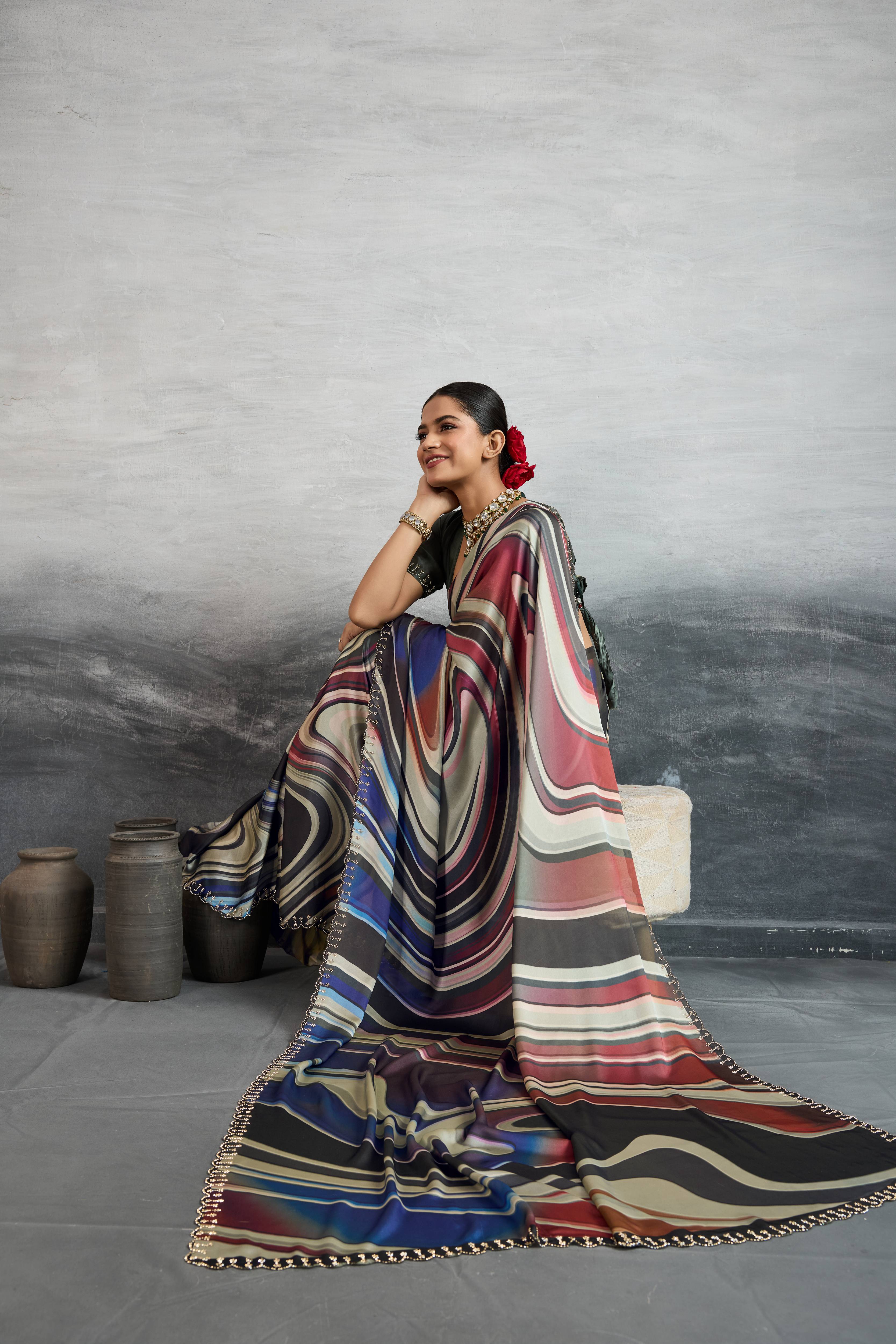 Vibrant Multicolour Satin Silk Saree with Digital Prints