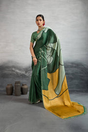 Elegant Green Satin Silk Saree with Digital Prints