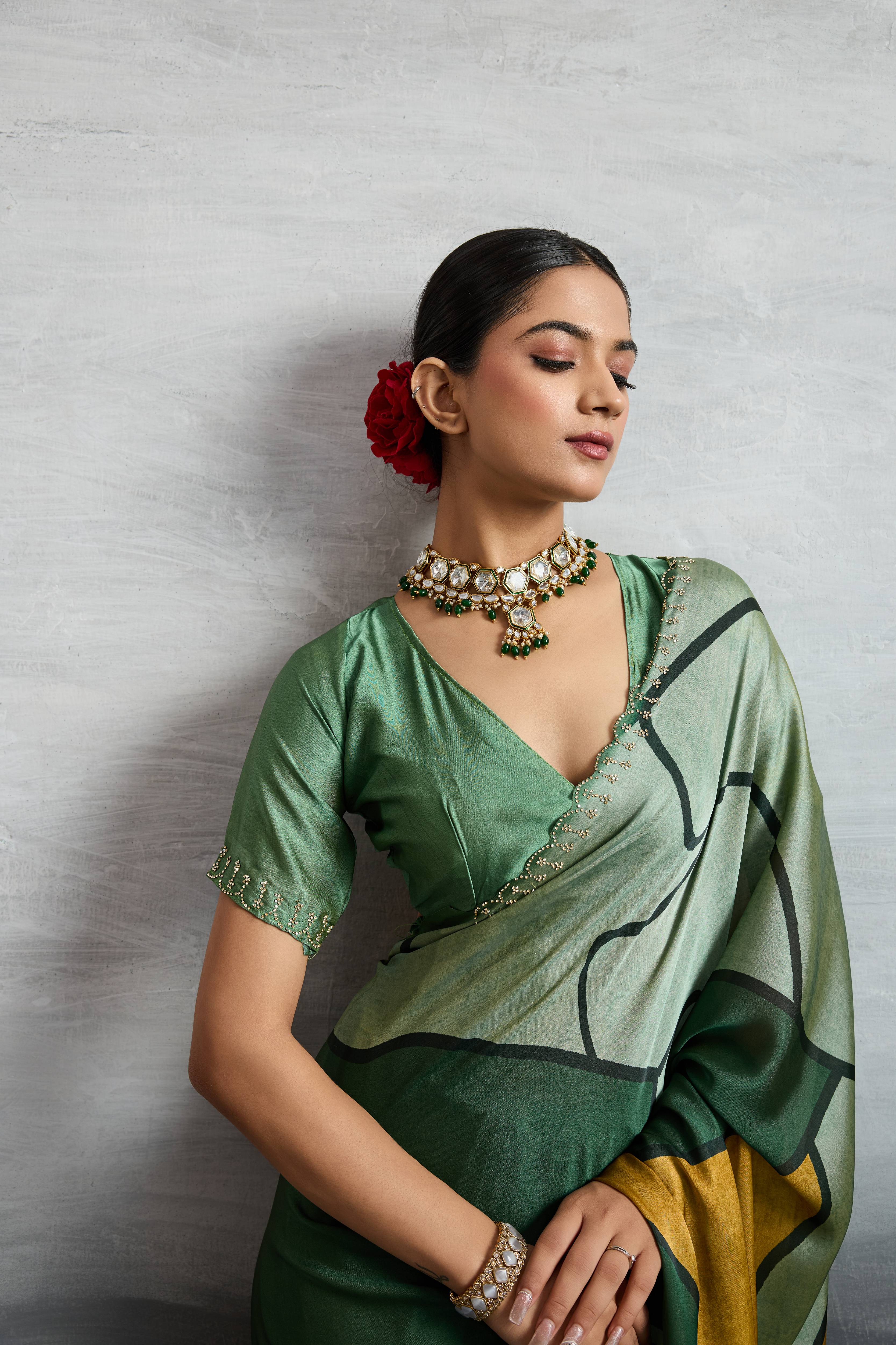 Elegant Green Satin Silk Saree with Digital Prints