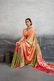 Radiant Orange Satin Silk Saree with Digital Prints