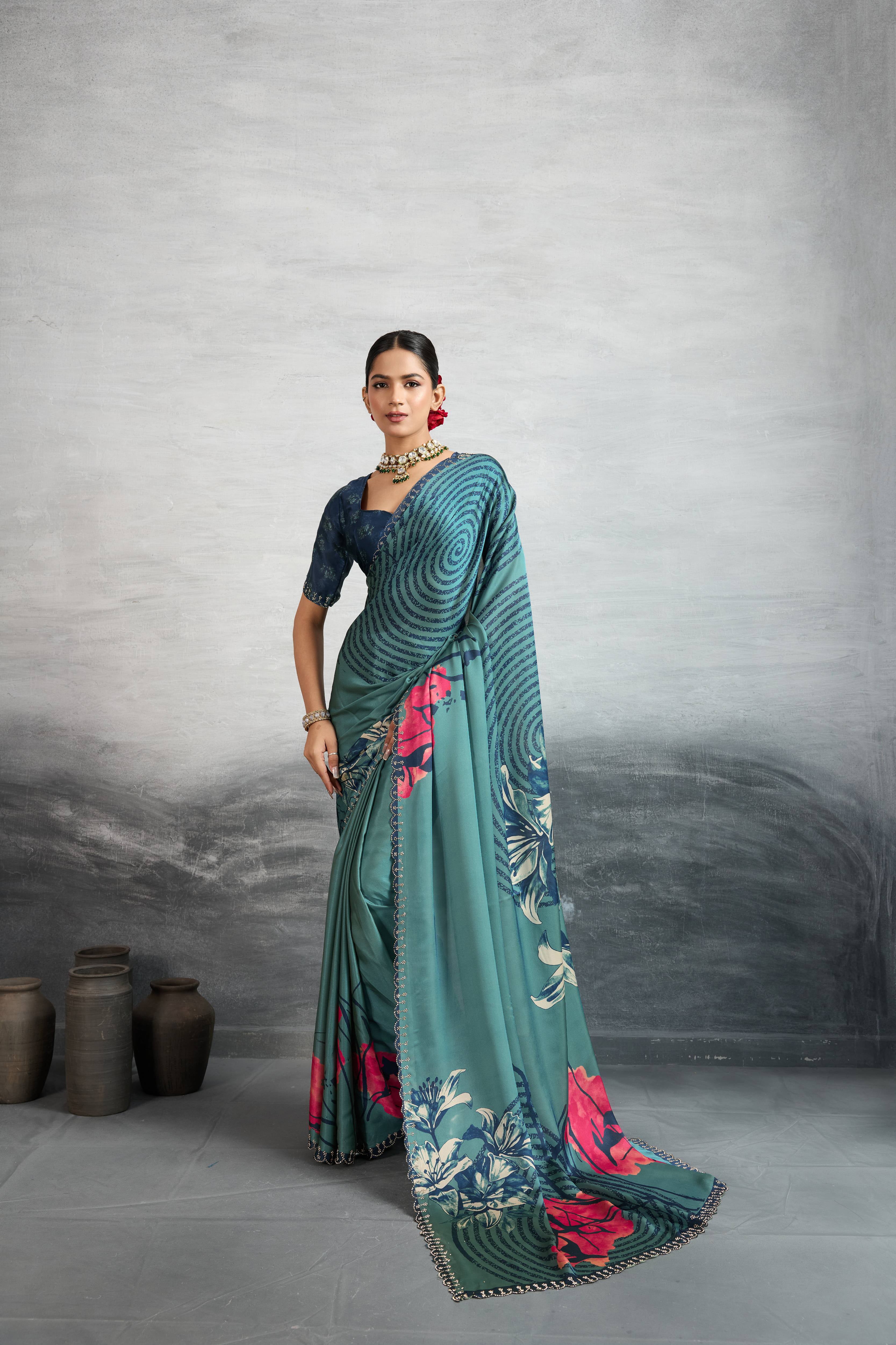 Timeless Blue Satin Silk Saree with Digital Prints