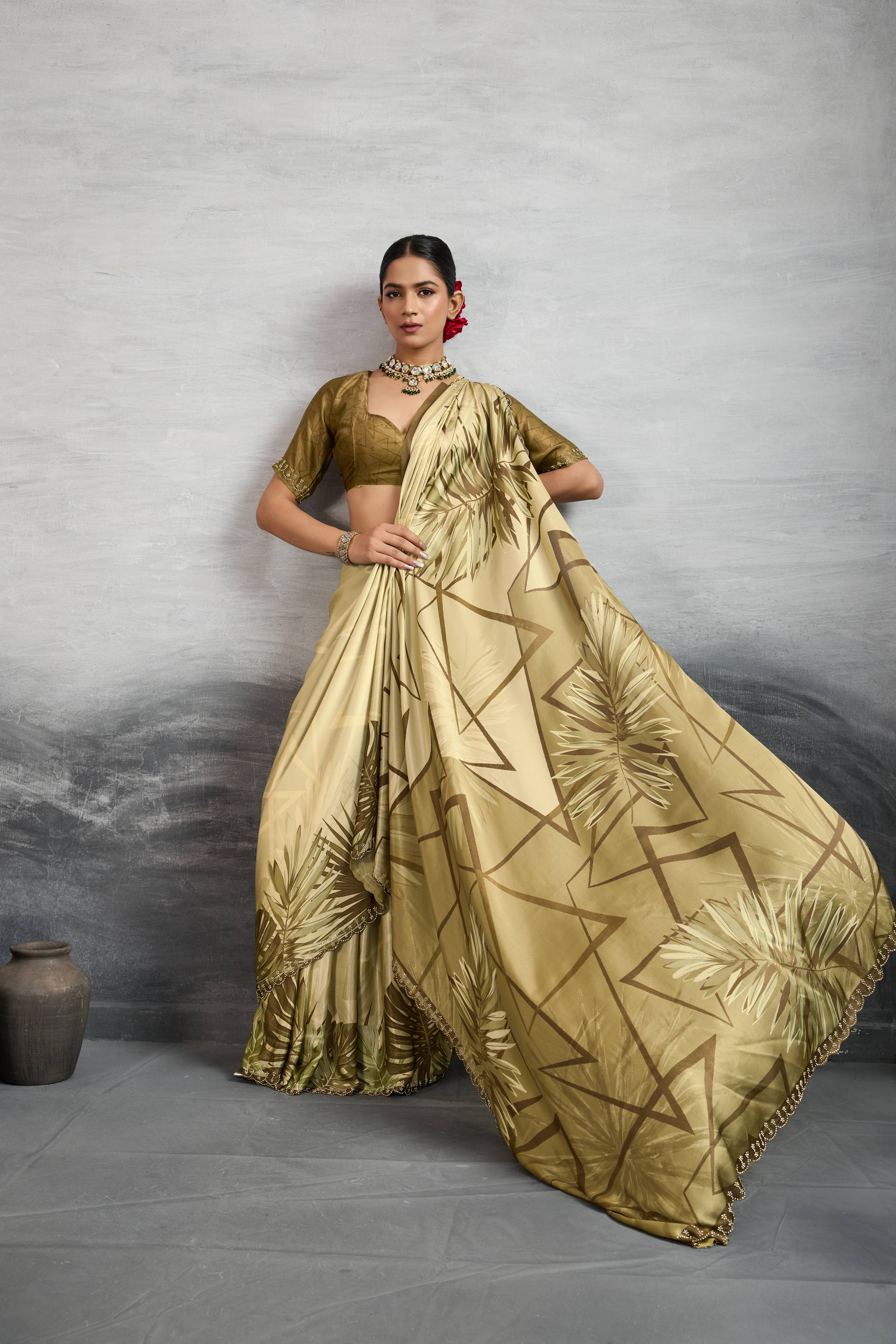 Charming Mustard Satin Silk Saree with Digital Prints