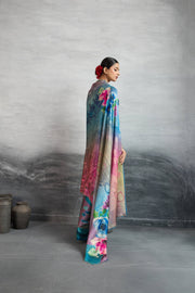 Chic Blue Satin Silk Saree with Digital Print
