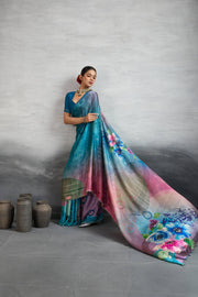 Chic Blue Satin Silk Saree with Digital Print