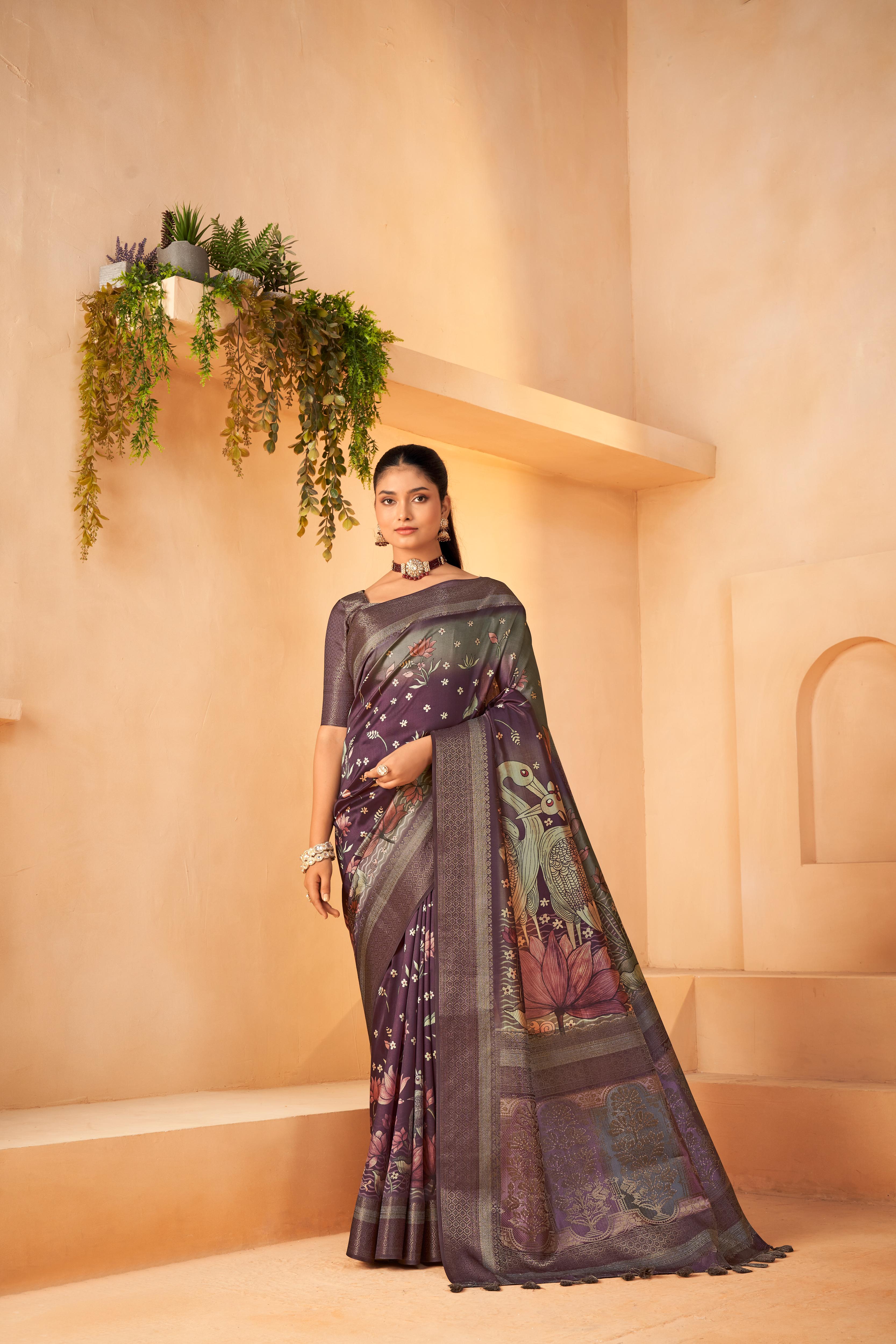 Wine silk saree is wore by a women which is suitable for festival wear