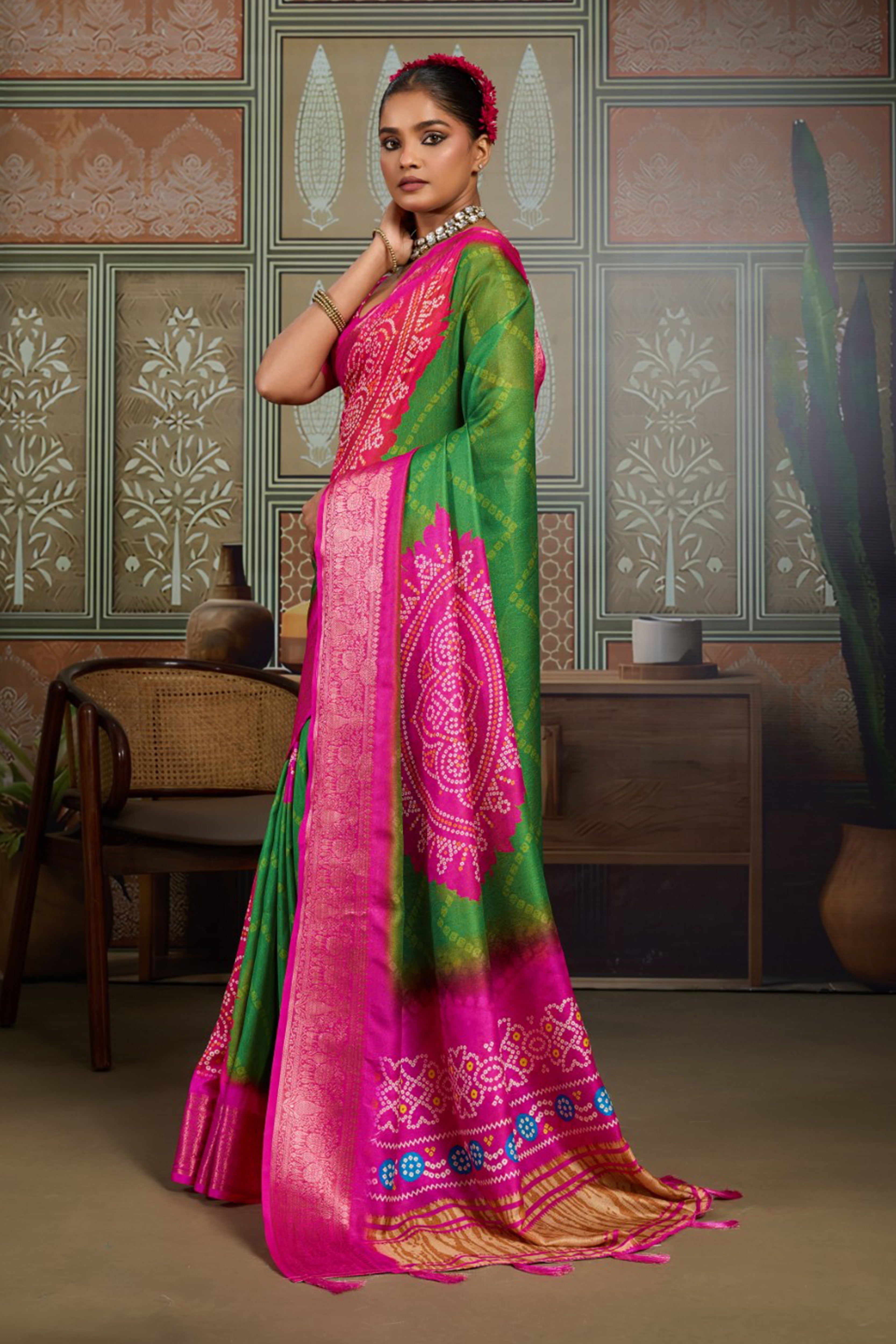Green & Pink Bandhani Jacquard Saree with Zari Border