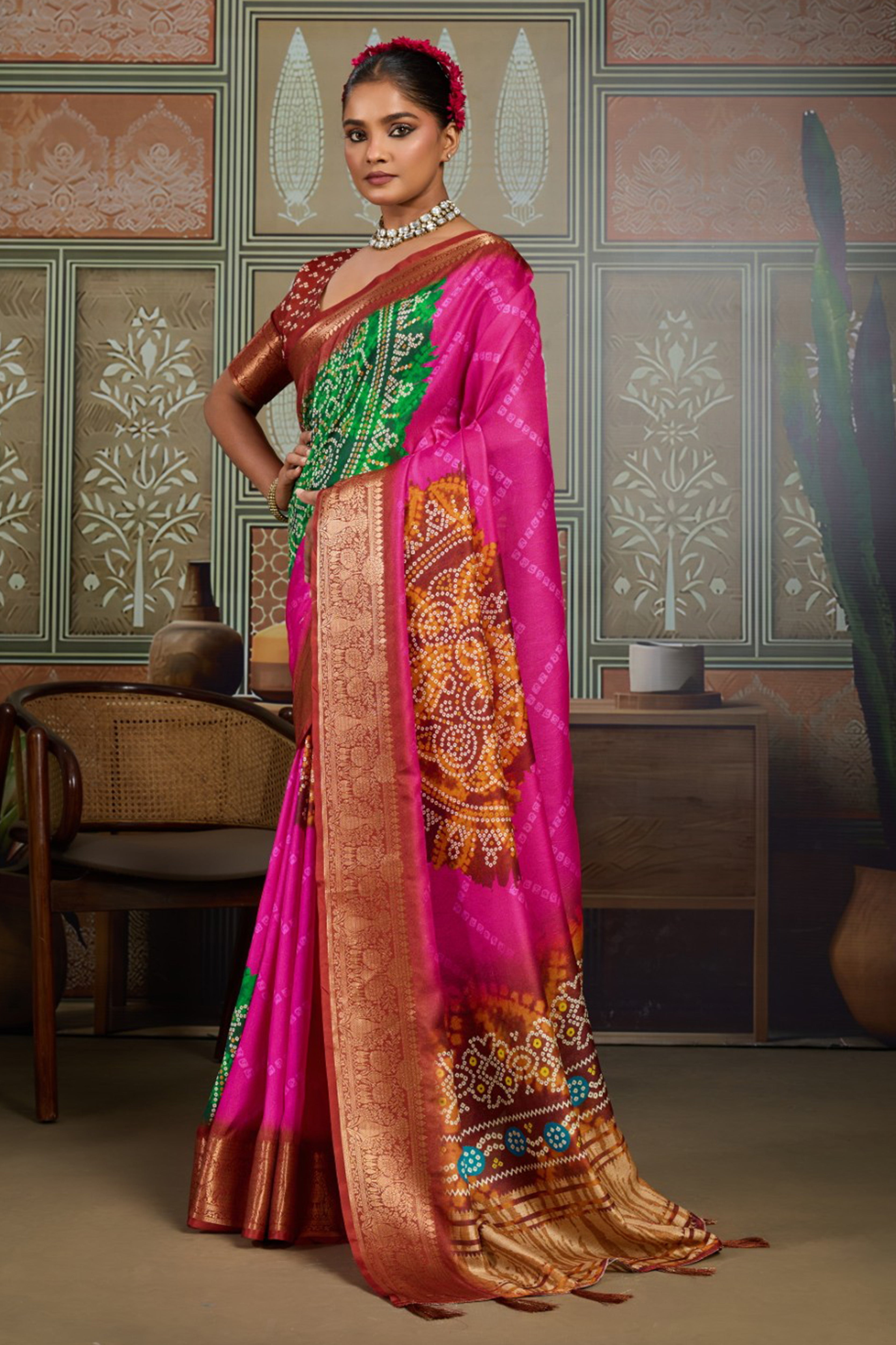 Pink & Green Bandhani Jacquard Saree with Copper Zari Border