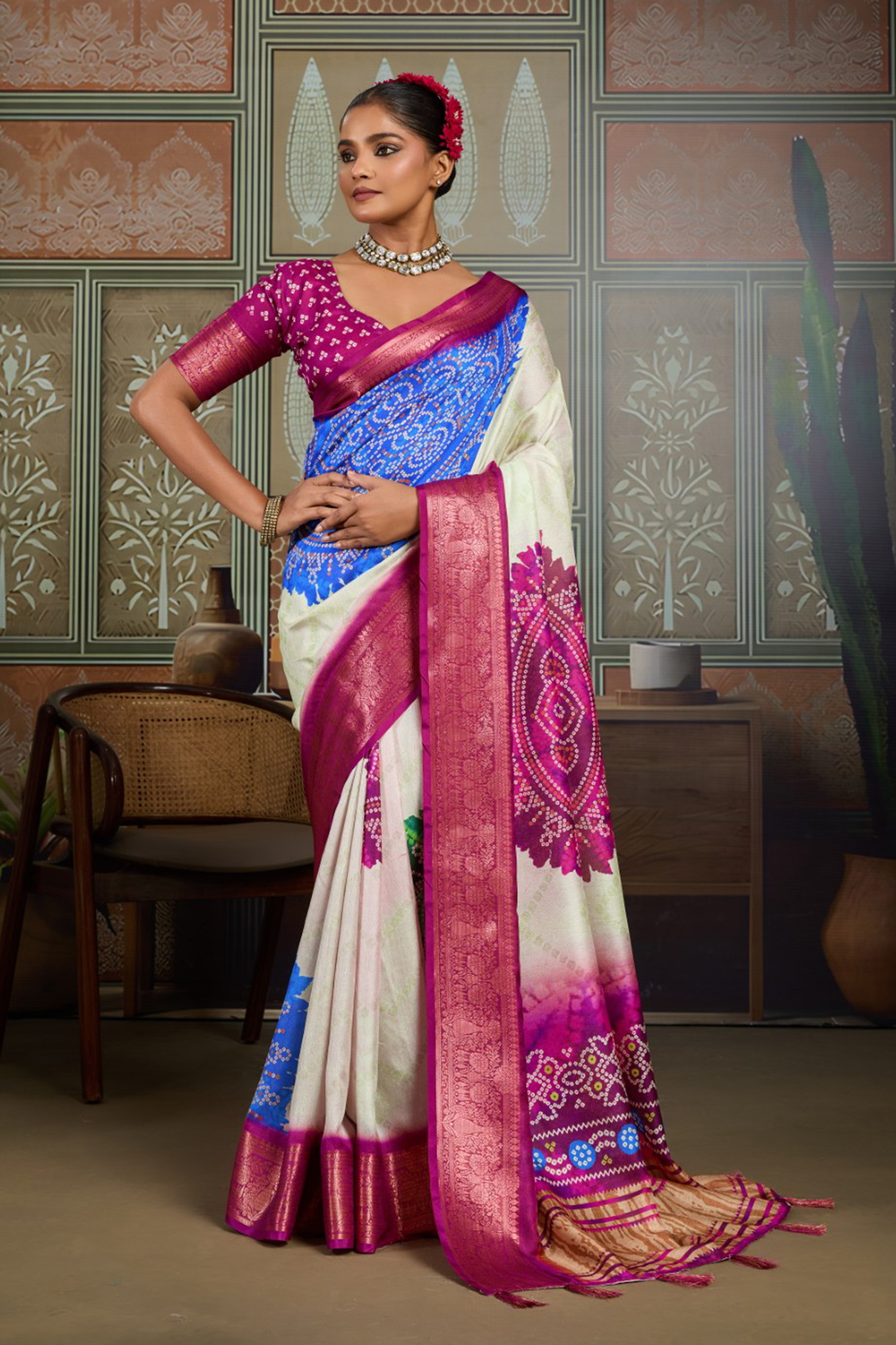 Cream White & Blue Bandhani Jacquard Saree with Pink Zari Border